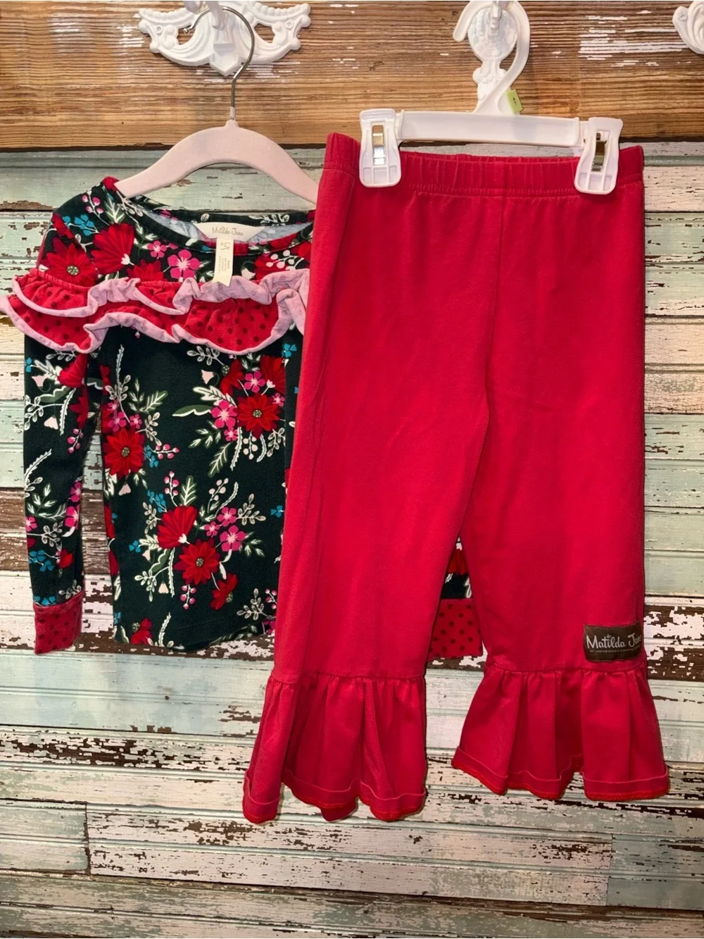 Matilda Jane Dark Green Floral Top with Pink & Red Ruffle Pants